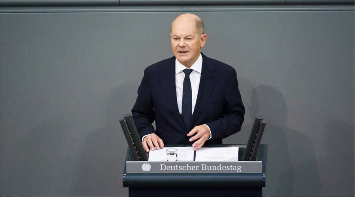 Chancellor Olaf Scholz of Germany giving a speech to the Bundestag.